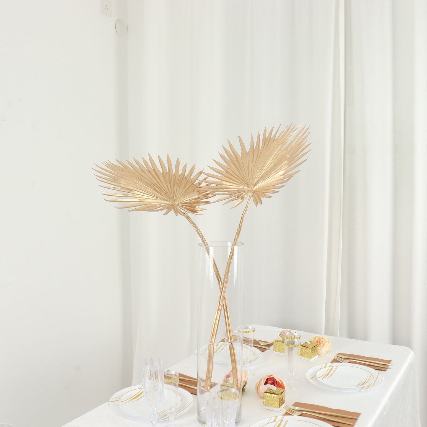 2 Pack Shiny Golden Artificial Tropical Plant Fan Palm Leaf Stems, Faux Floral Arrangements Table Centerpiece Decor 34"