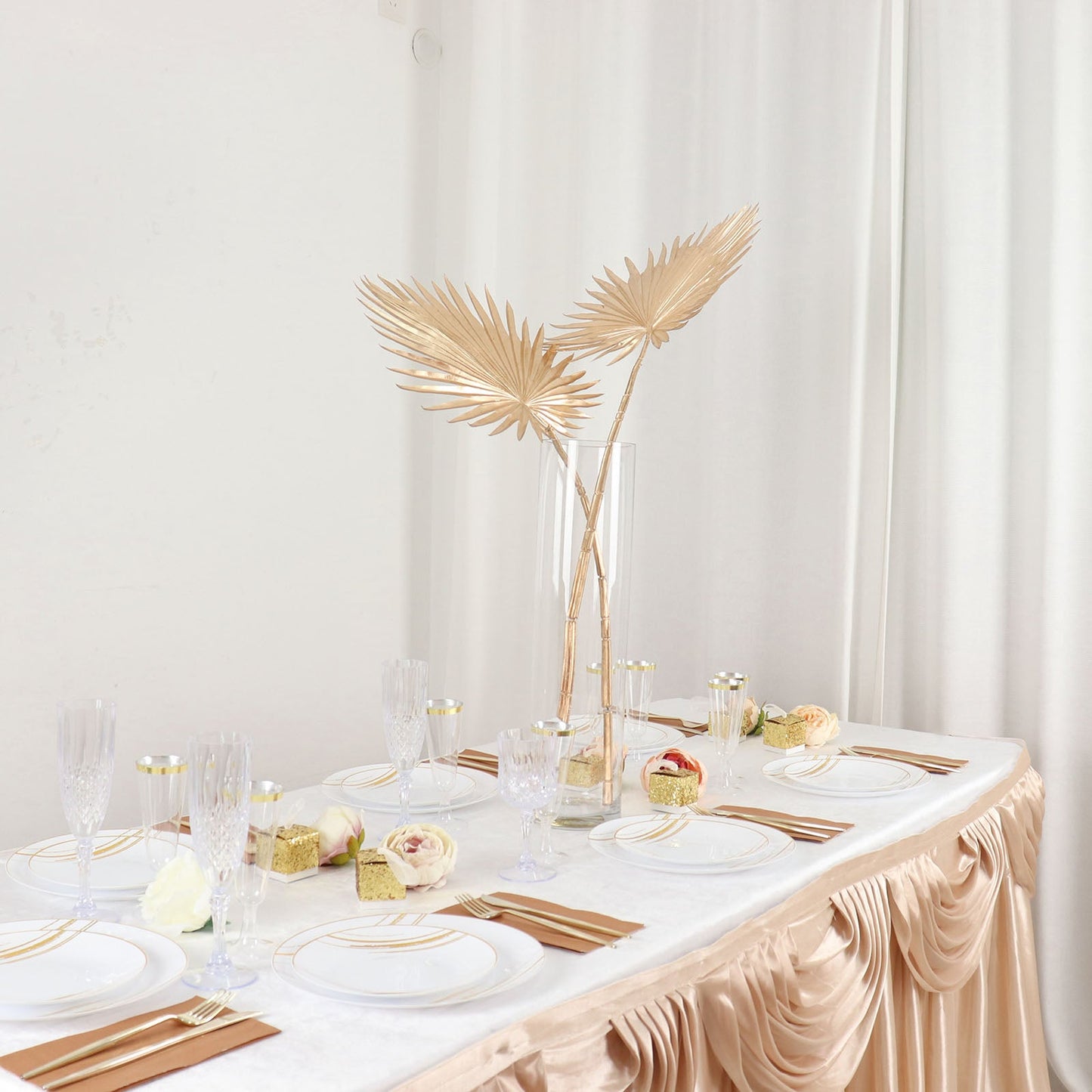 2 Pack Shiny Golden Artificial Tropical Plant Fan Palm Leaf Stems, Faux Floral Arrangements Table Centerpiece Decor 34"