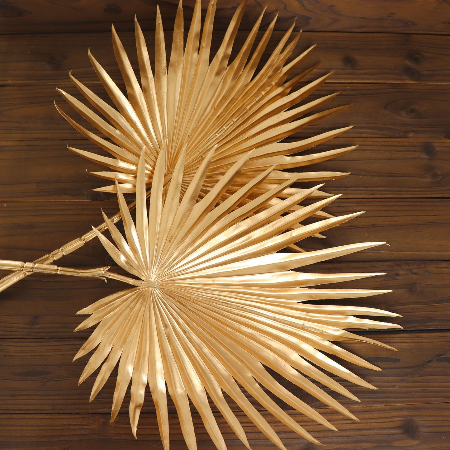 2 Pack Shiny Golden Artificial Tropical Plant Fan Palm Leaf Stems, Faux Floral Arrangements Table Centerpiece Decor 34"