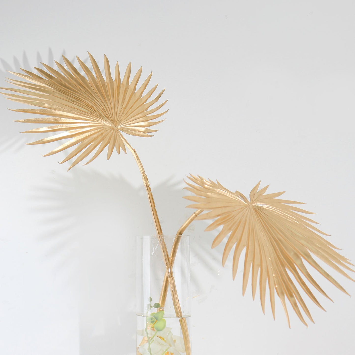 2 Pack Shiny Golden Artificial Tropical Plant Fan Palm Leaf Stems, Faux Floral Arrangements Table Centerpiece Decor 34"