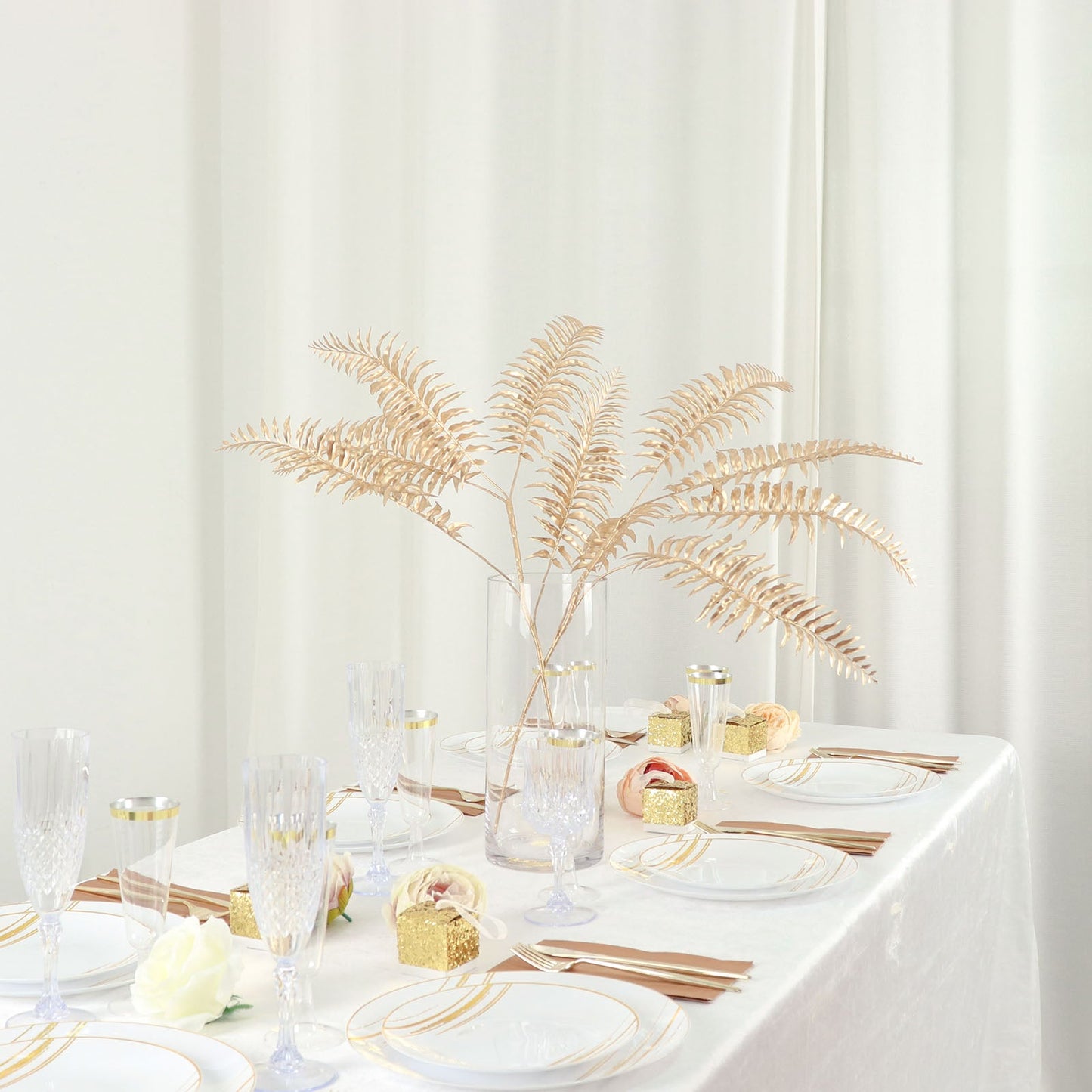 2 Pack Shiny Golden Artificial Tropical Plant Fern Leaf Stems, Faux Leaves Floral Arrangements Table Centerpiece Decor 29"