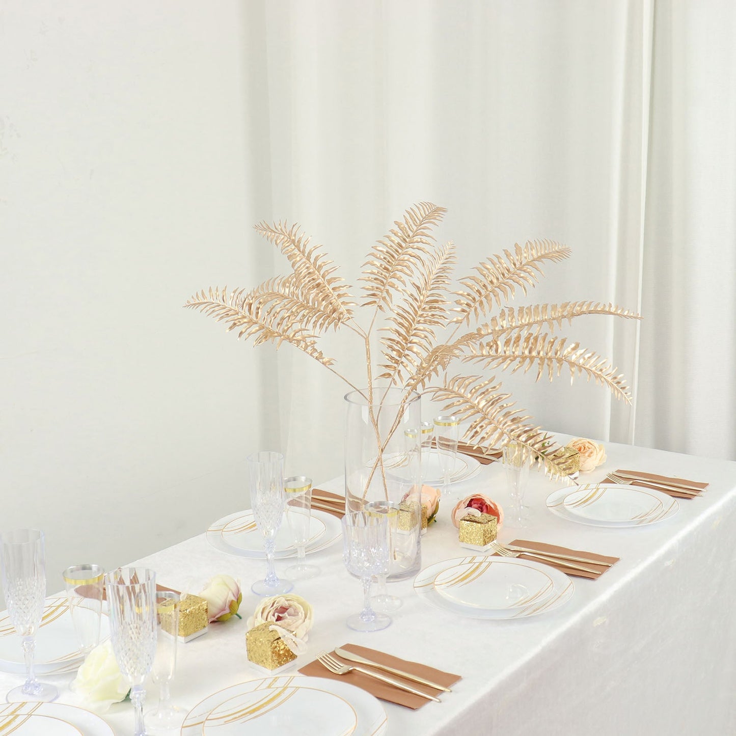 2 Pack Shiny Golden Artificial Tropical Plant Fern Leaf Stems, Faux Leaves Floral Arrangements Table Centerpiece Decor 29"