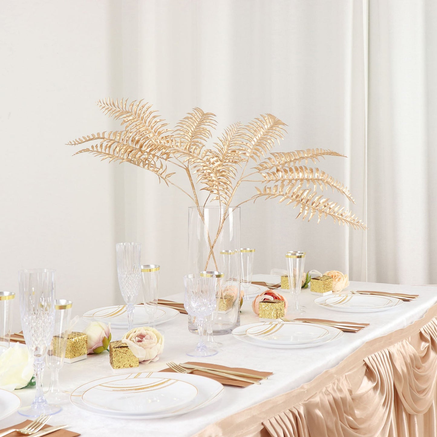 2 Pack Shiny Golden Artificial Tropical Plant Fern Leaf Stems, Faux Leaves Floral Arrangements Table Centerpiece Decor 29"