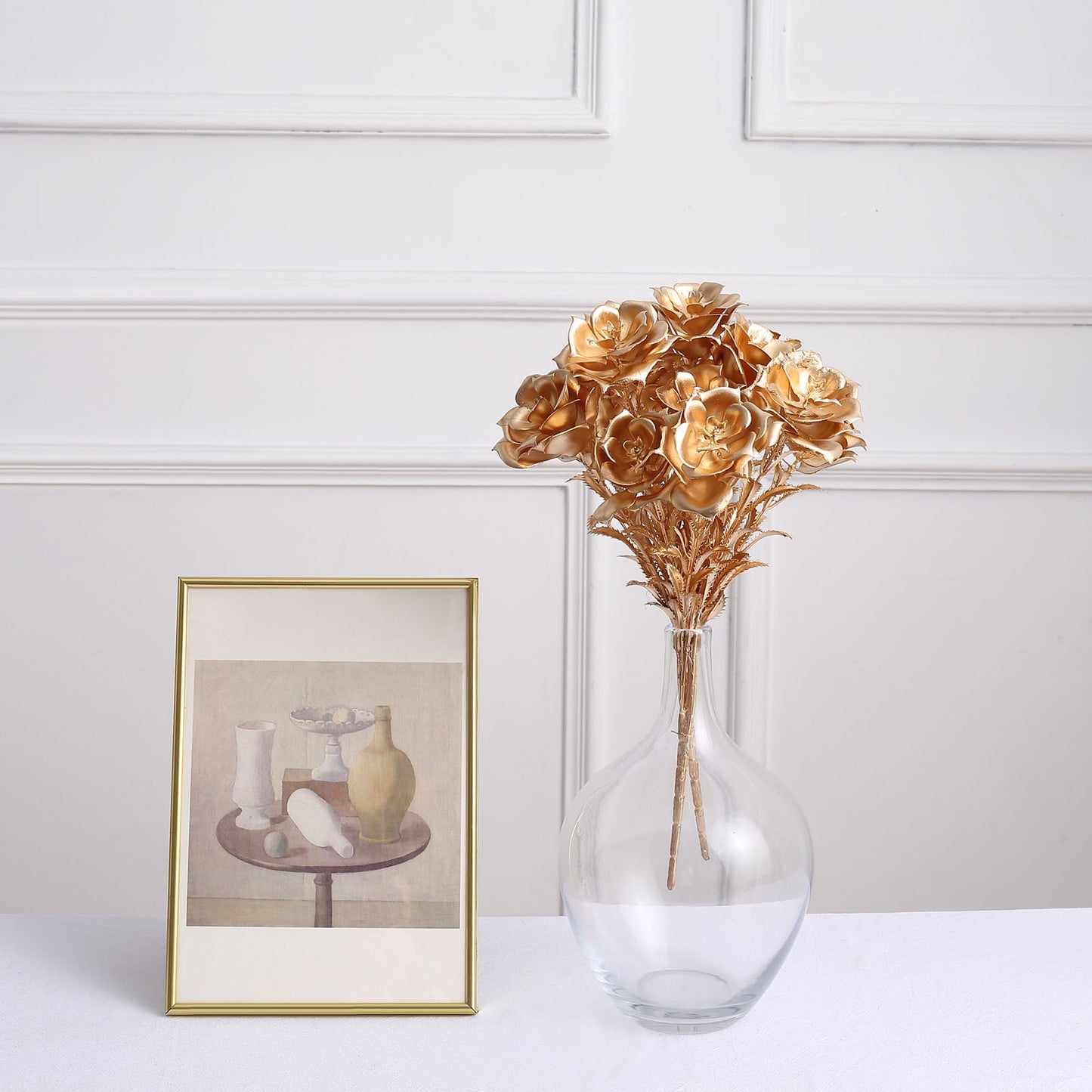 2 Pack Metallic Gold Artificial Rose Bloomed Flower Bouquet, Open Flower Floral Arrangement Holiday Decor 17"
