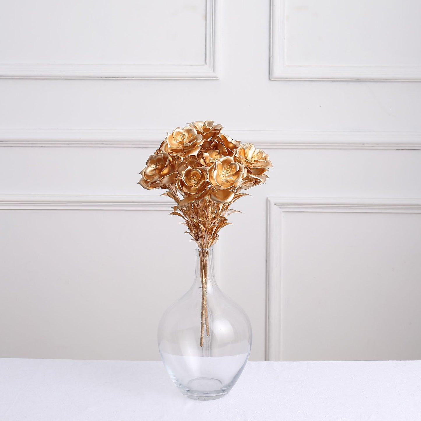 2 Pack Metallic Gold Artificial Rose Bloomed Flower Bouquet, Open Flower Floral Arrangement Holiday Decor 17"