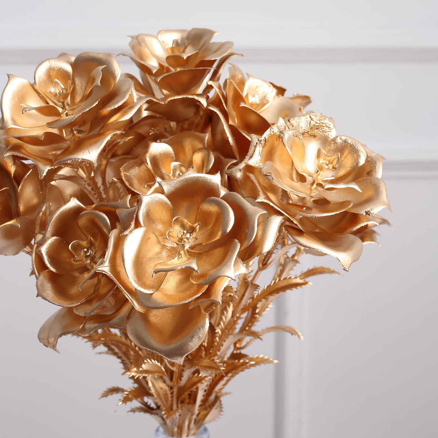 2 Pack Metallic Gold Artificial Rose Bloomed Flower Bouquet, Open Flower Floral Arrangement Holiday Decor 17"