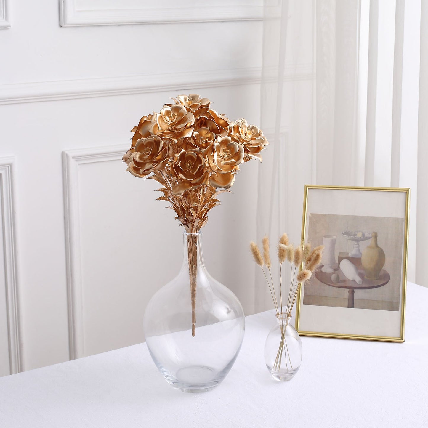 2 Pack Metallic Gold Artificial Rose Bloomed Flower Bouquet, Open Flower Floral Arrangement Holiday Decor 17"