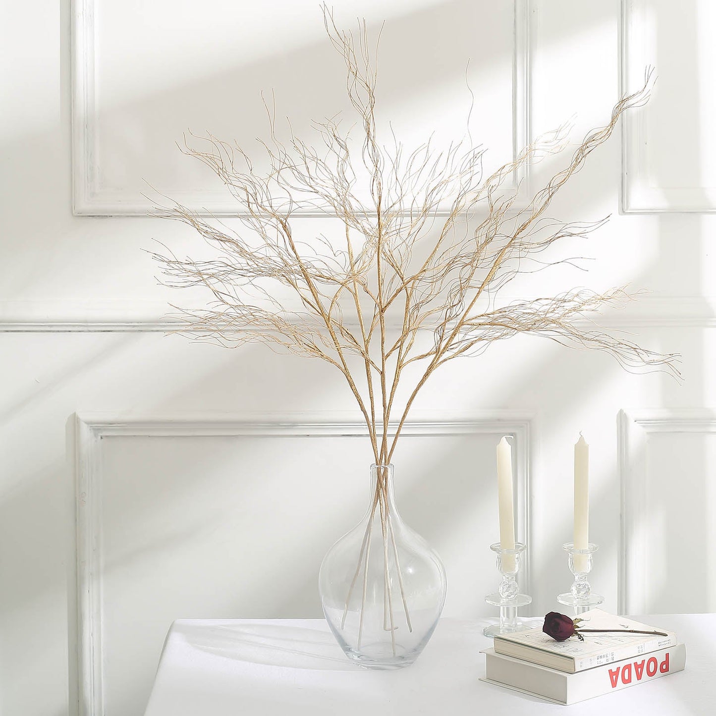 4 Pack Metallic Gold Artificial DIY Long Stem Twig Vase Fillers, Bendable Craft Curly Branch Willow Sprays 39"