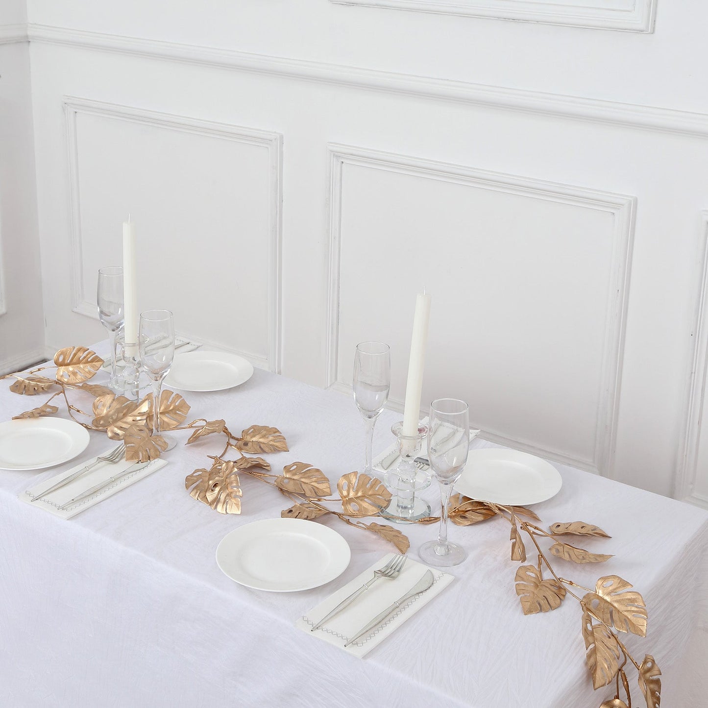 Metallic Gold Artificial Monstera Leaf Table Garland Plant, Faux Tropical Jungle Hanging Vine 7ft