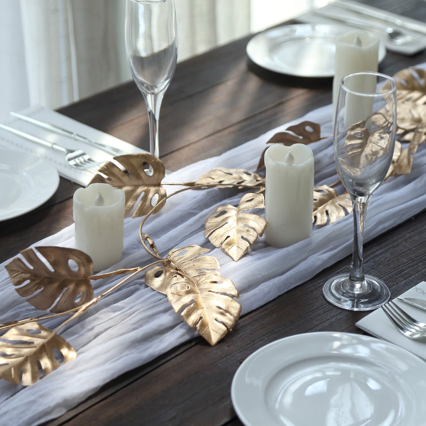 Metallic Gold Artificial Monstera Leaf Table Garland Plant, Faux Tropical Jungle Hanging Vine 7ft