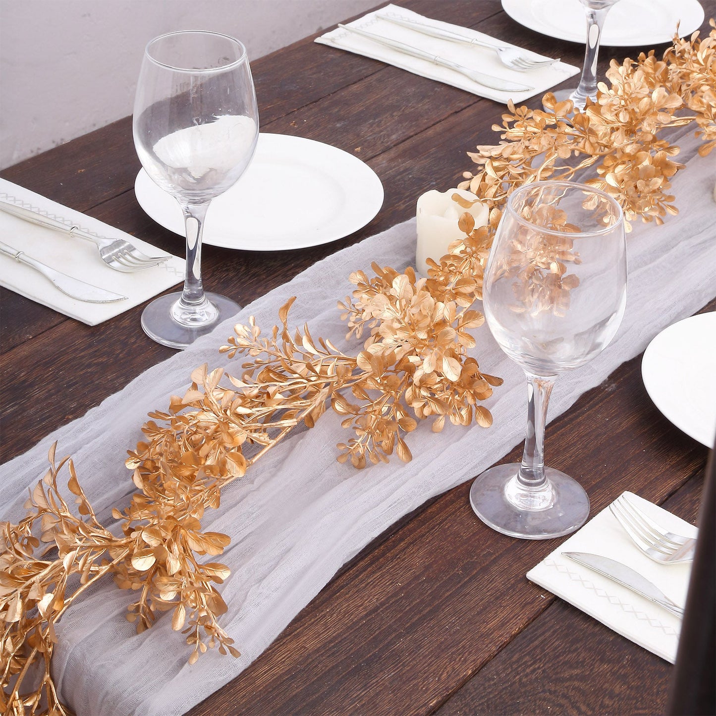Metallic Gold Artificial Boxwood Leaf Table Garland, Faux Decorative Hanging Vine 6ft