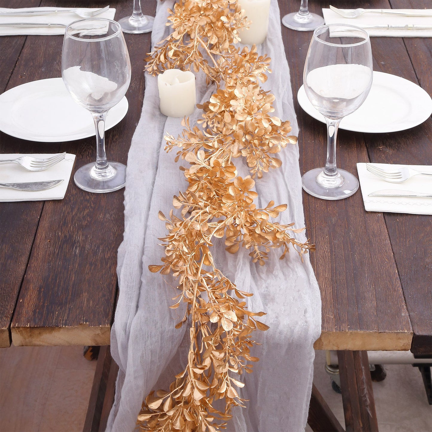 Metallic Gold Artificial Boxwood Leaf Table Garland, Faux Decorative Hanging Vine 6ft