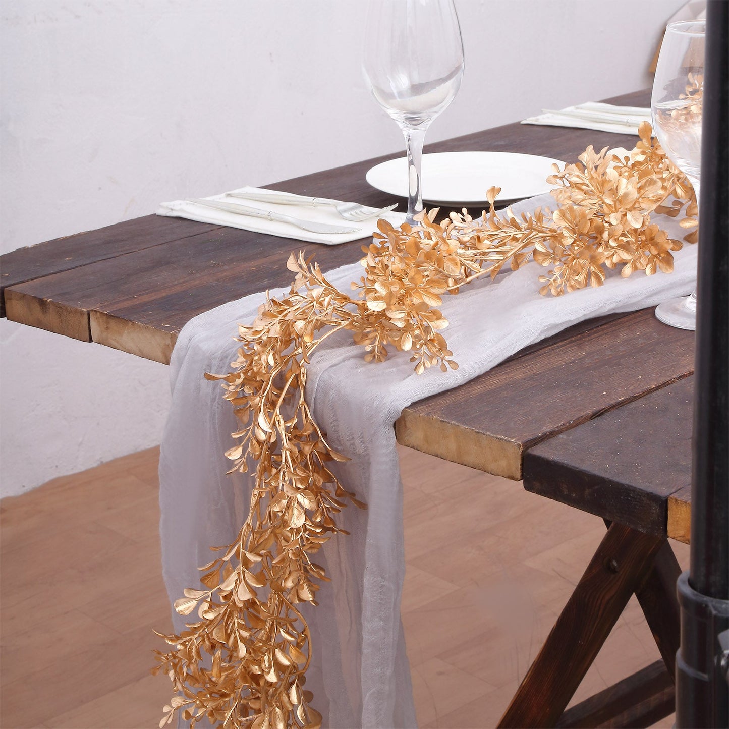 Metallic Gold Artificial Boxwood Leaf Table Garland, Faux Decorative Hanging Vine 6ft