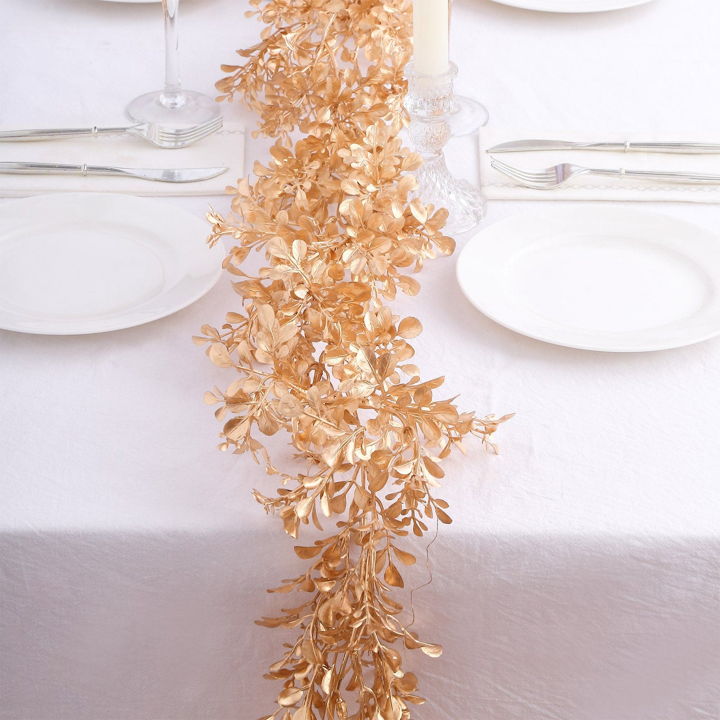 Metallic Gold Artificial Boxwood Leaf Table Garland, Faux Decorative Hanging Vine 6ft