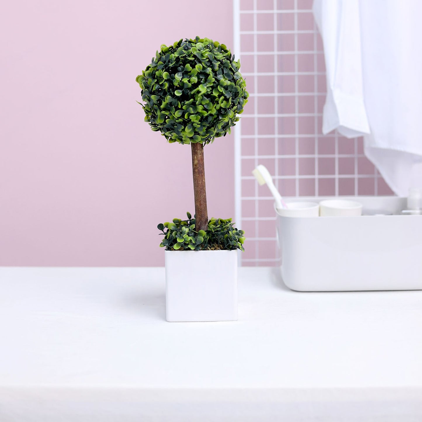 Green Artificial Boxwood Topiary Ball Tree In White Planter Pot 16"