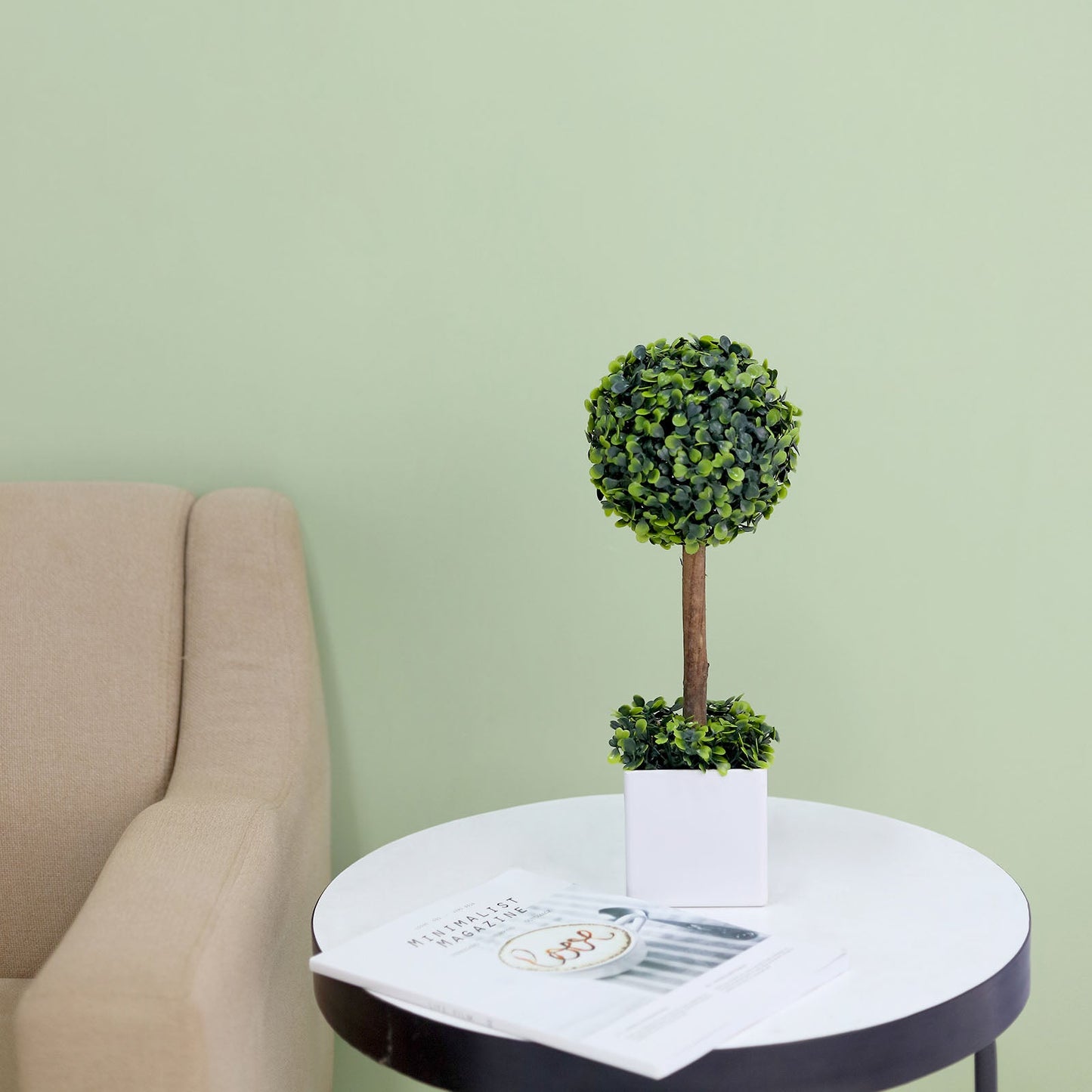 Green Artificial Boxwood Topiary Ball Tree In White Planter Pot 16"