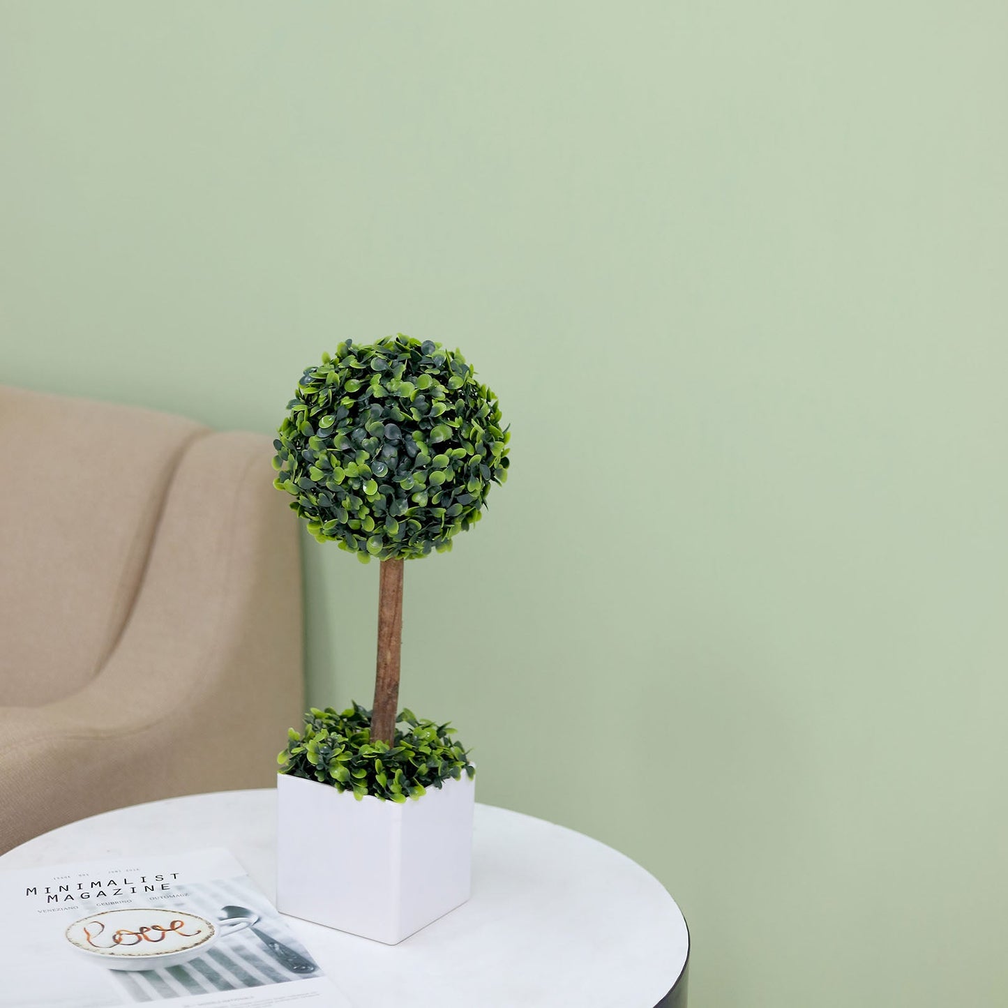 Green Artificial Boxwood Topiary Ball Tree In White Planter Pot 16"