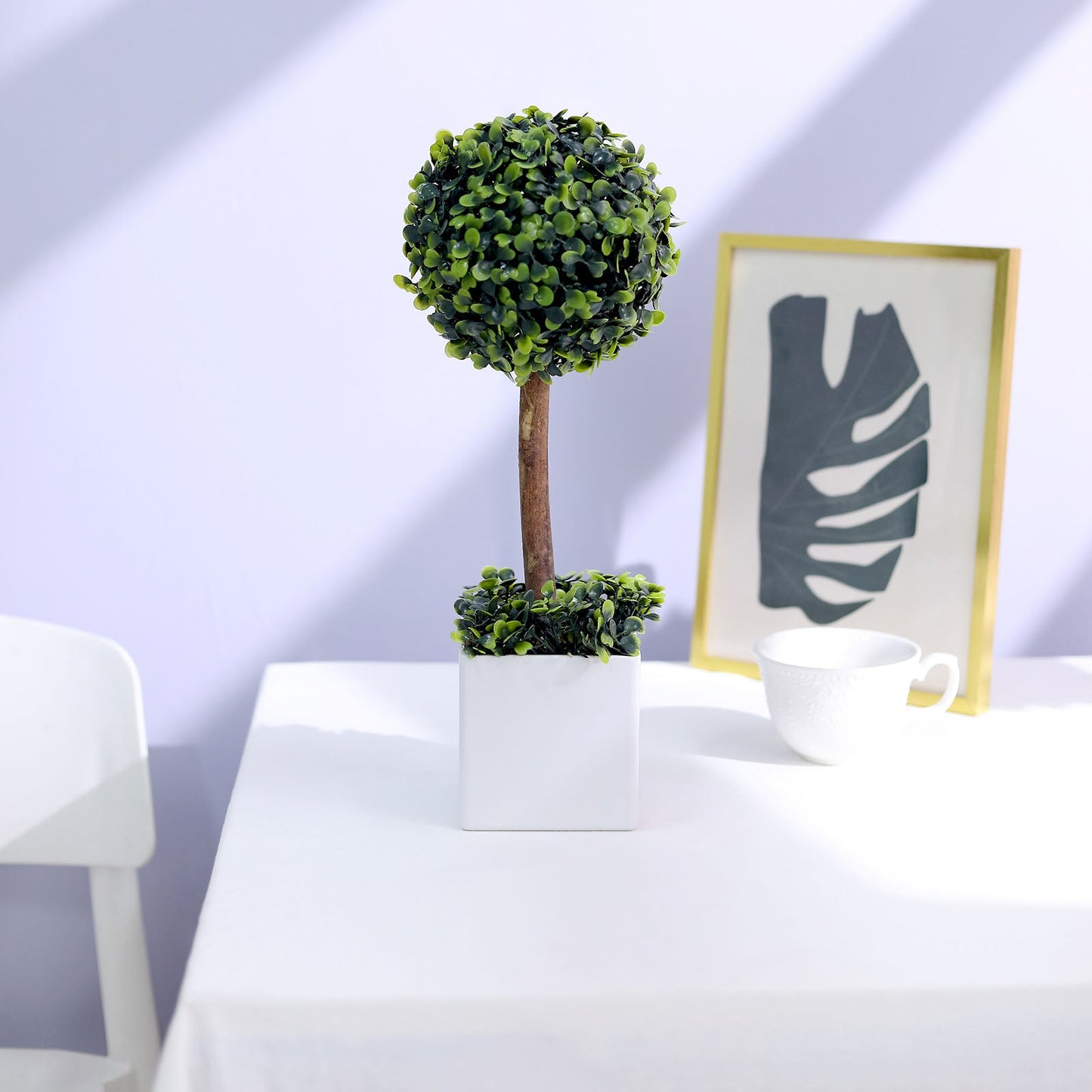 Green Artificial Boxwood Topiary Ball Tree In White Planter Pot 16"