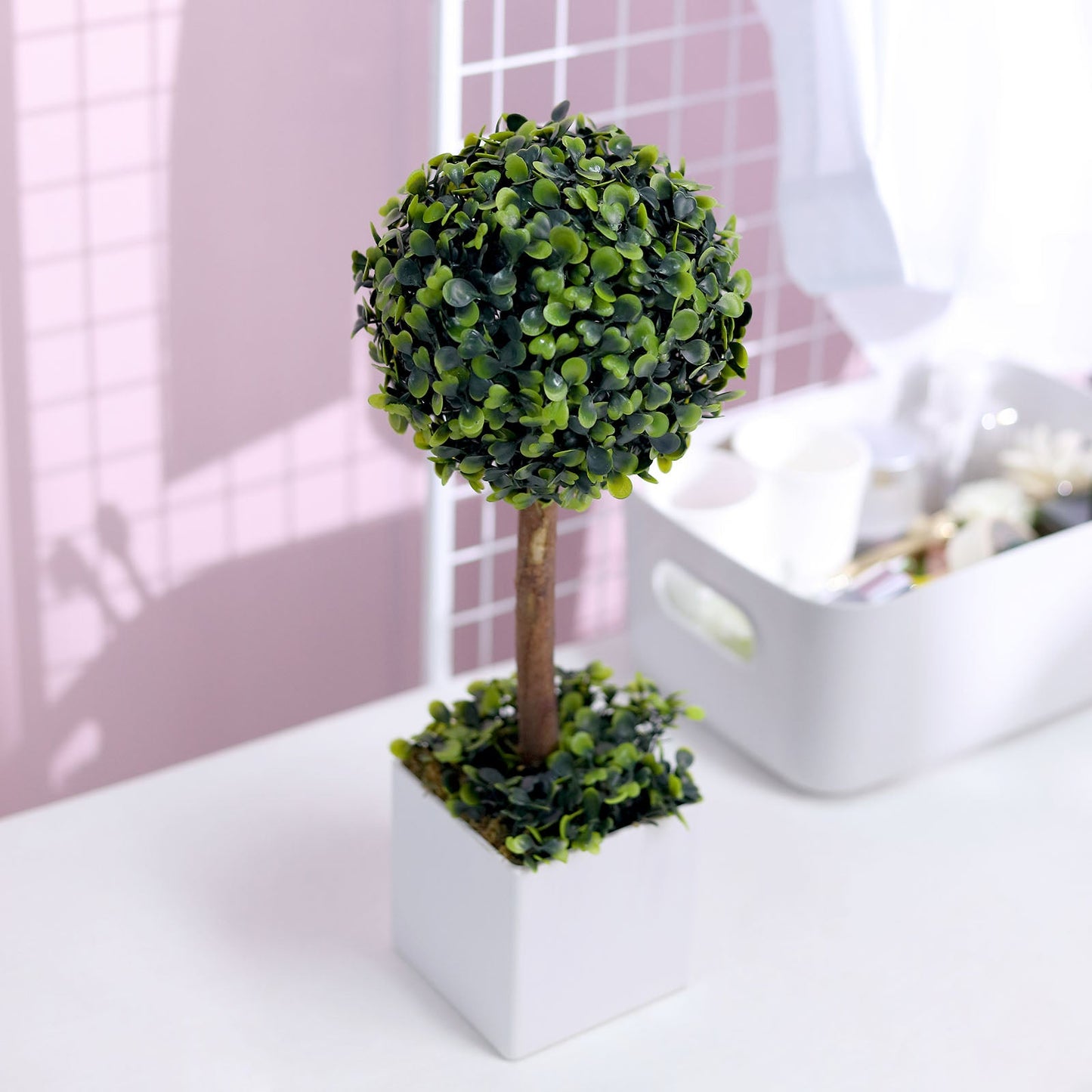 Green Artificial Boxwood Topiary Ball Tree In White Planter Pot 16"