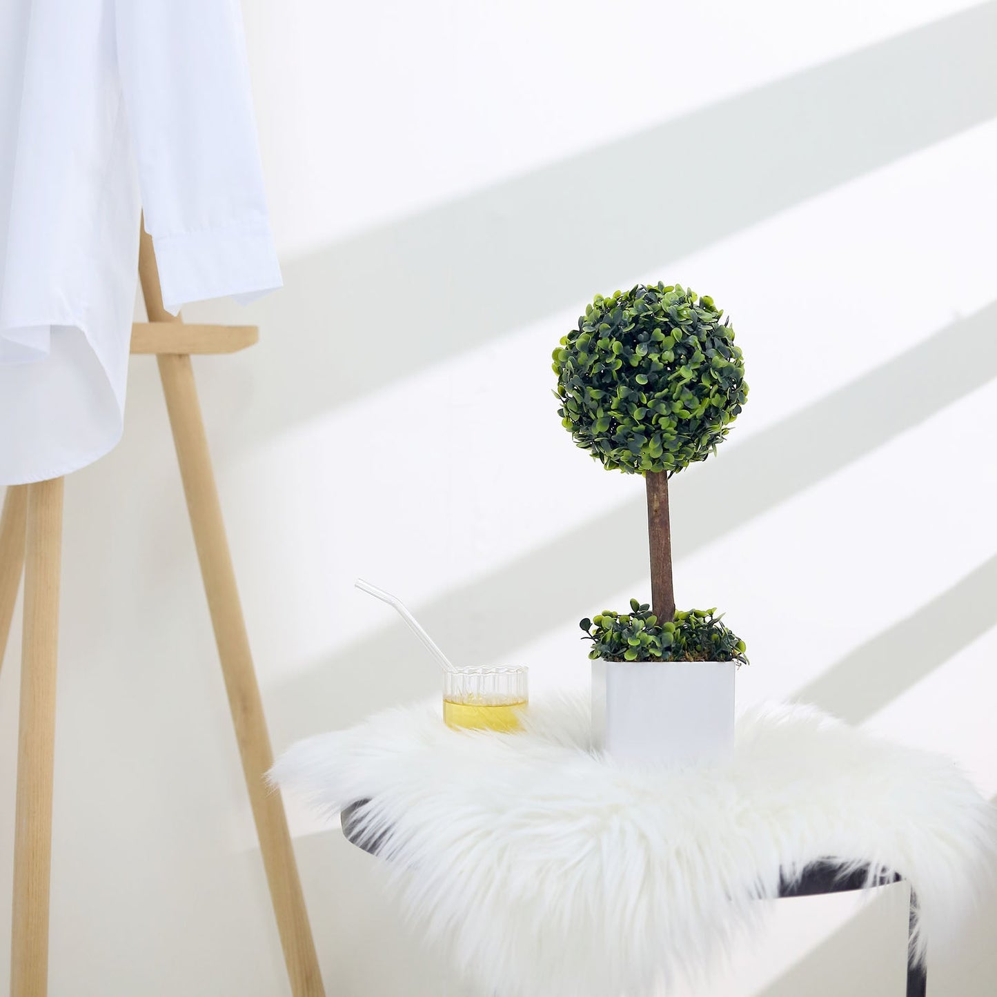 Green Artificial Boxwood Topiary Ball Tree In White Planter Pot 16"