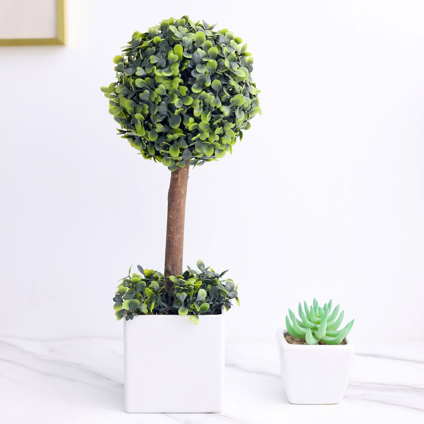 Green Artificial Boxwood Topiary Ball Tree In White Planter Pot 16"