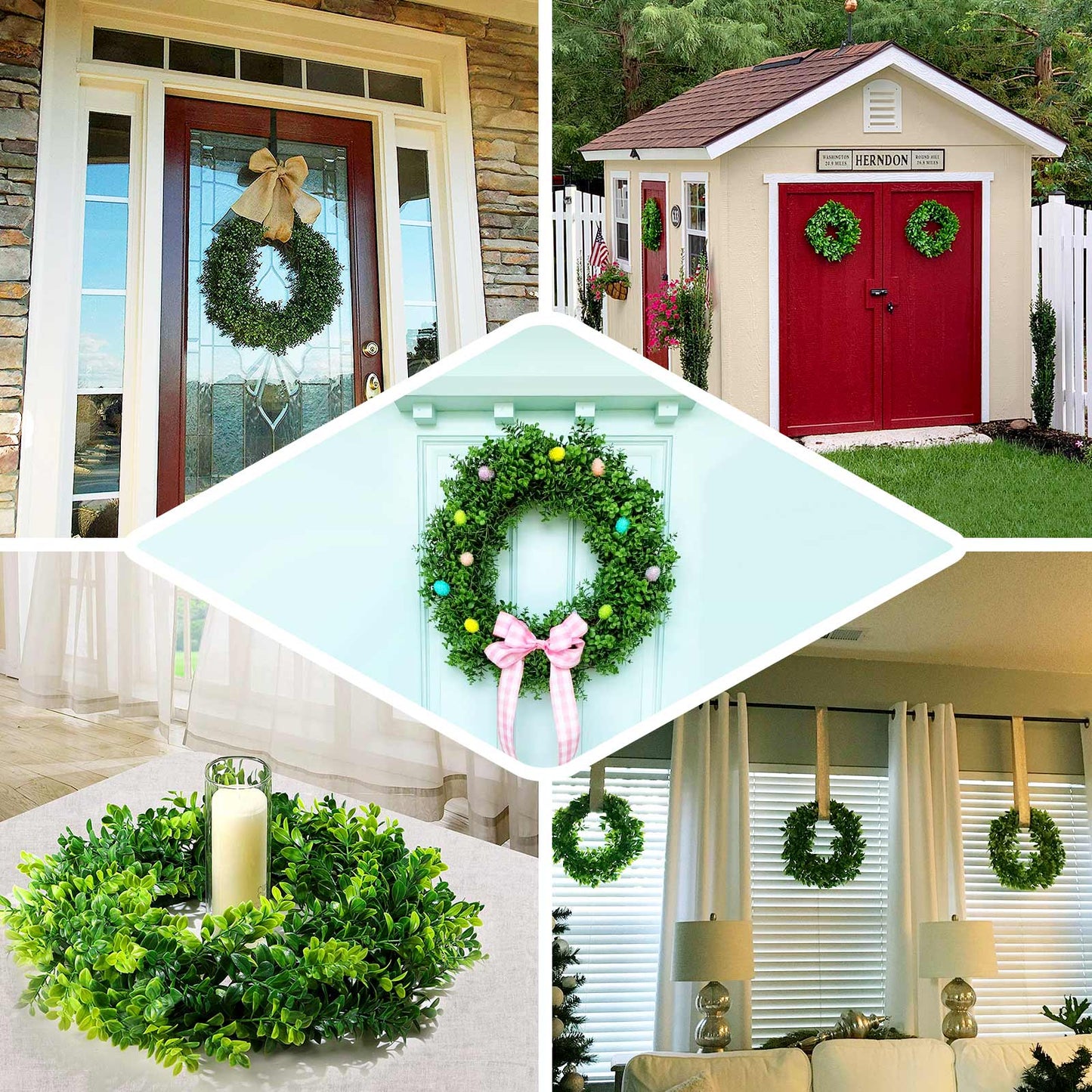 2 Pack Green Artificial Lifelike Boxwood Leaf Spring Wreaths 21"