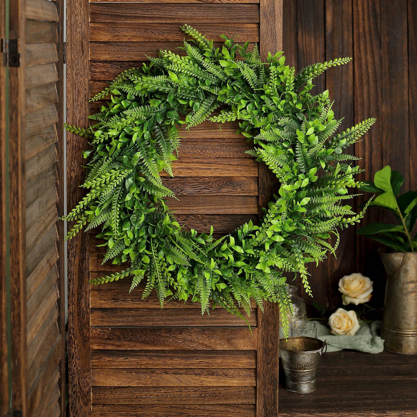 2 Pack Green Artificial Lifelike Boxwood Fern Mix Spring Wreaths 22"