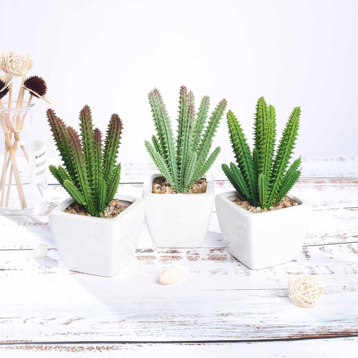 3 Pack Ceramic Planter Pot and Artificial Cacti Succulent Plants 7"