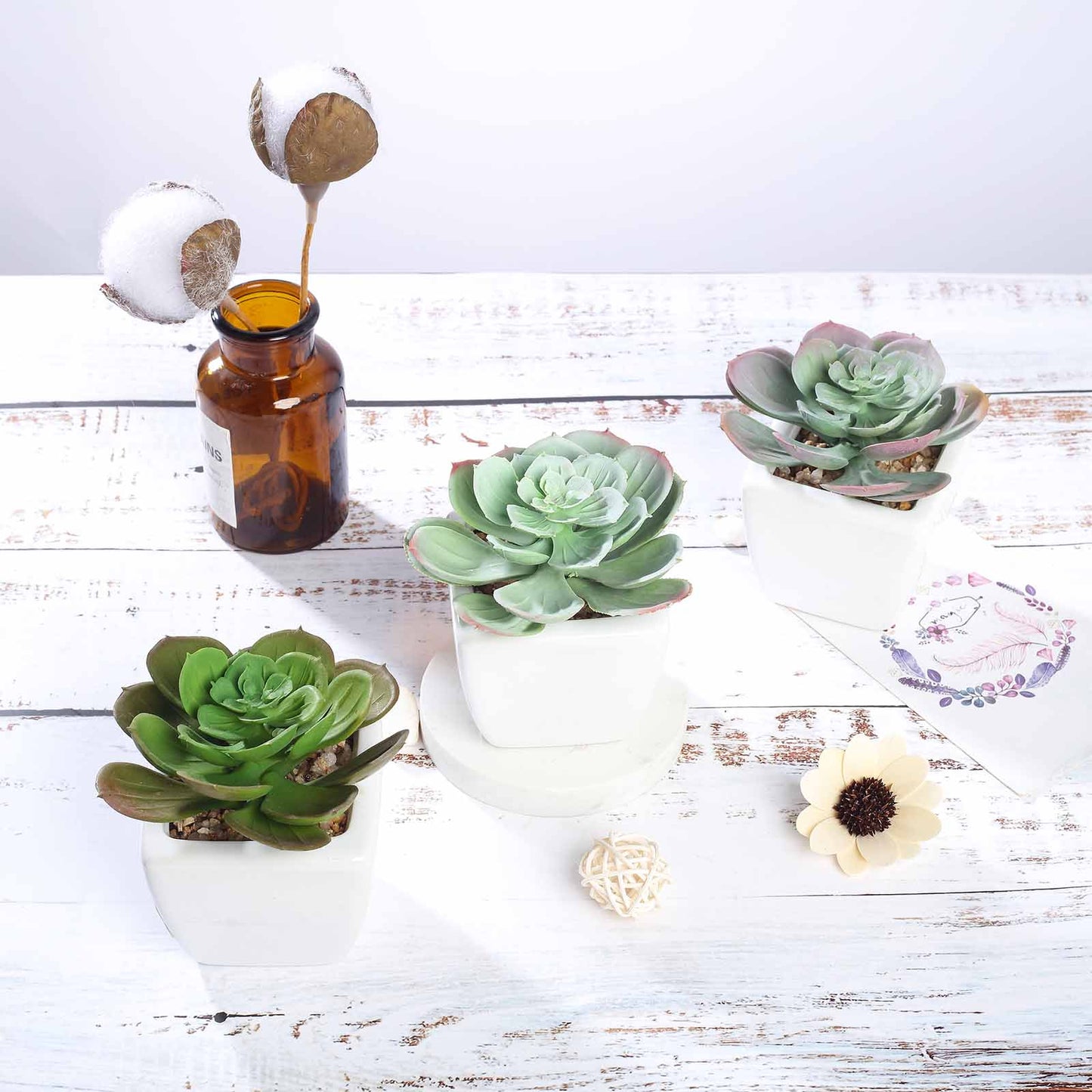 3 Pack Ceramic Planter Pot and Artificial Echeveria Succulent Plant 4"