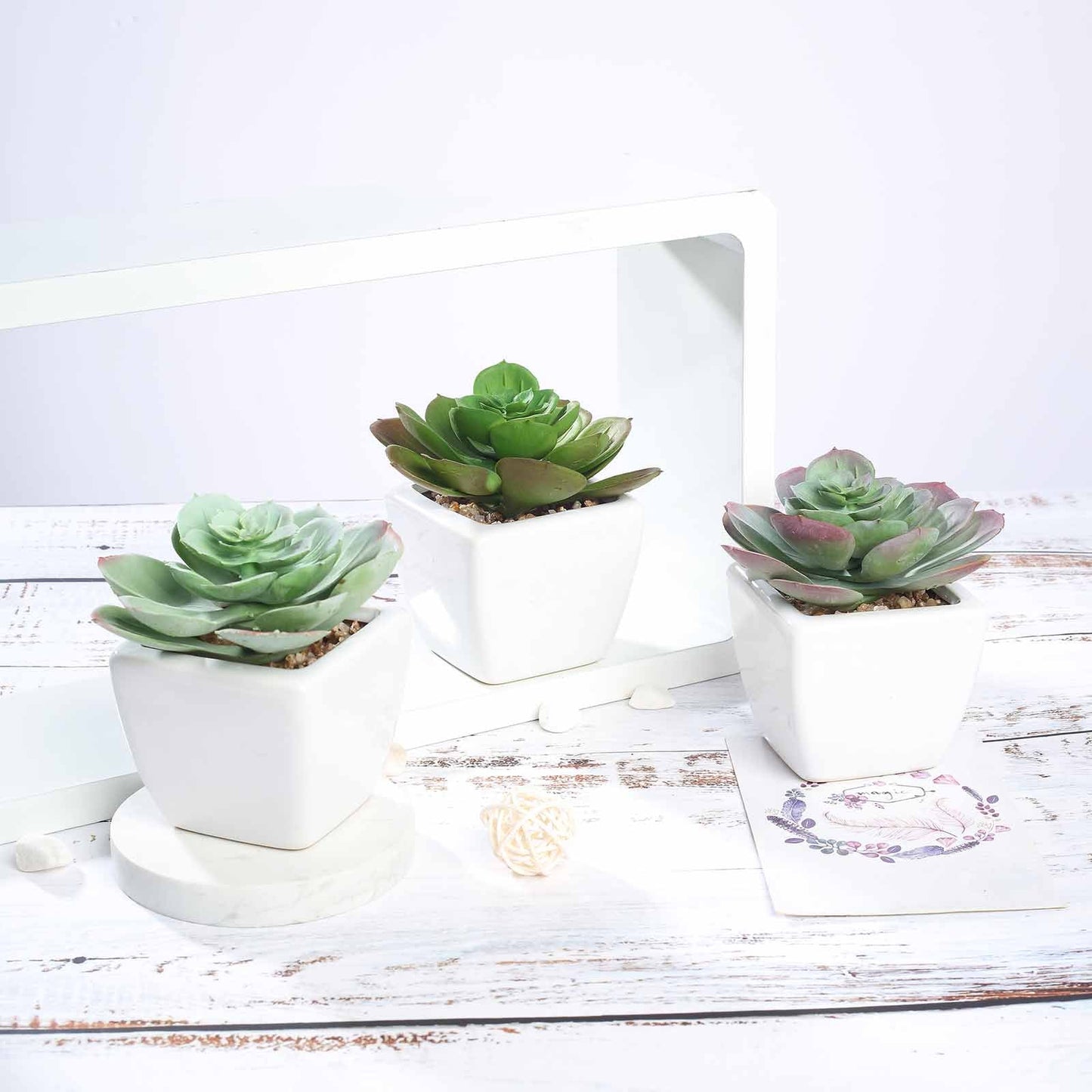 3 Pack Ceramic Planter Pot and Artificial Echeveria Succulent Plant 4"