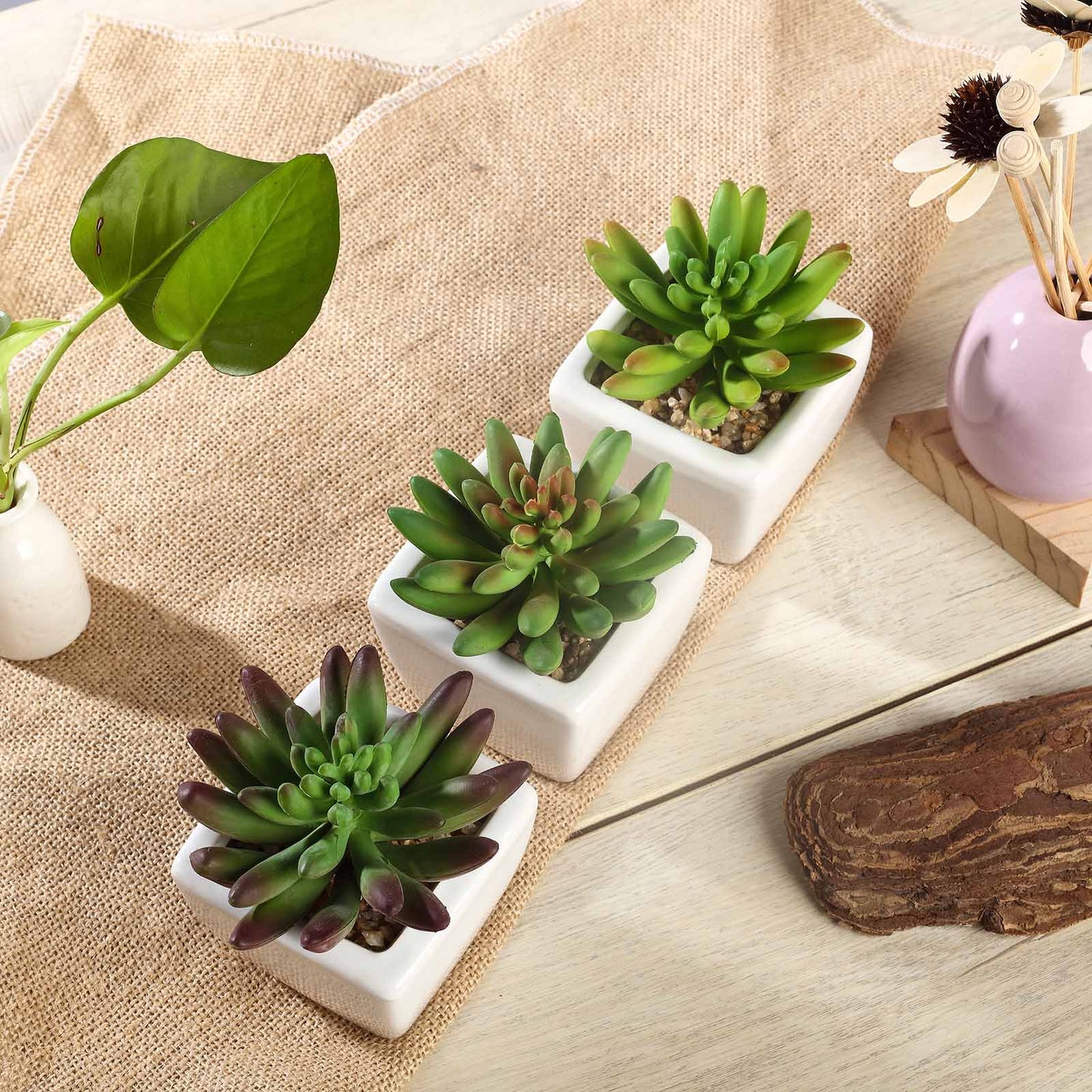 3 Pack Ceramic Planter Pot and Artificial Lotus Succulent Plants 4"