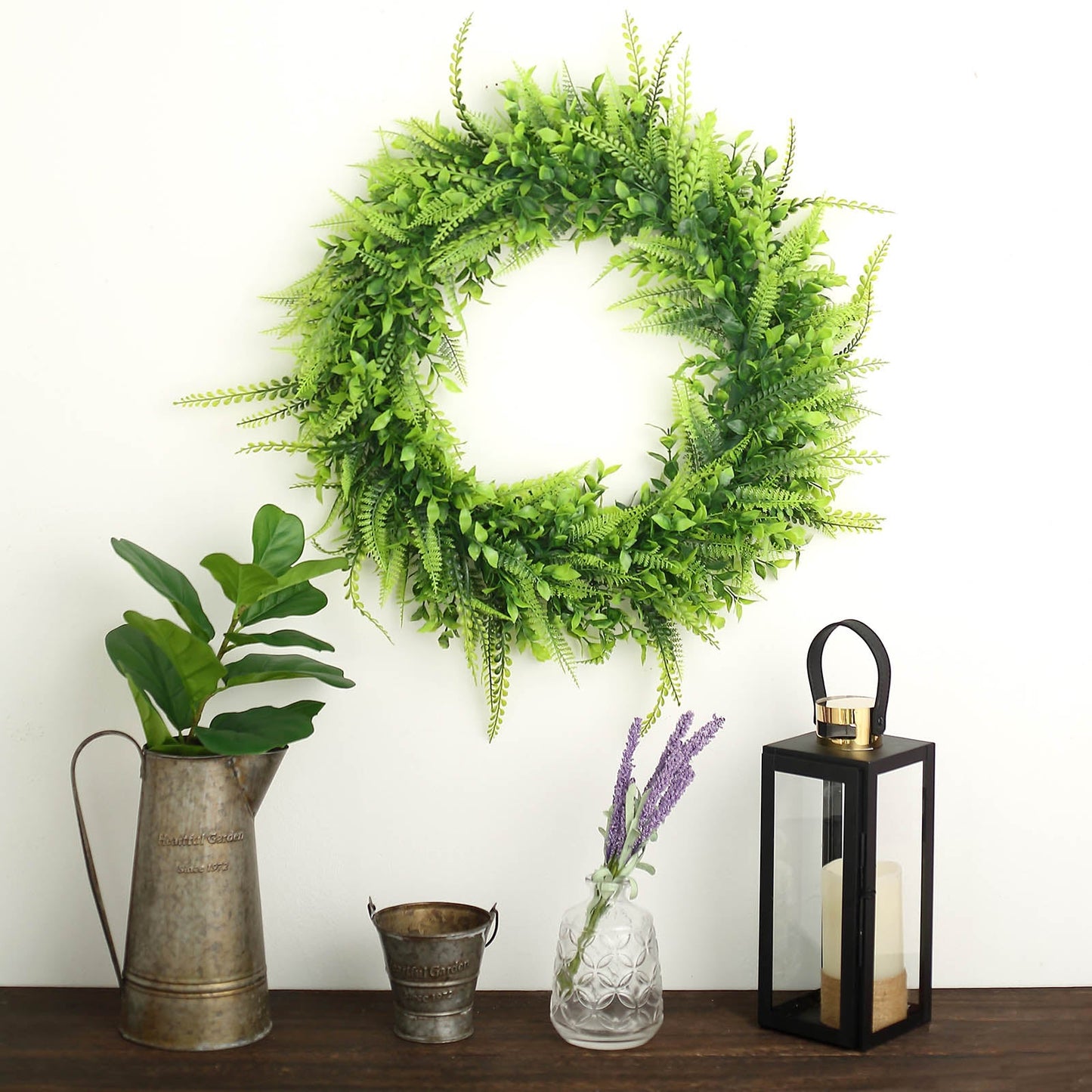2 Pack Green Artificial Lifelike Boxwood Fern Mix Spring Wreaths 22"