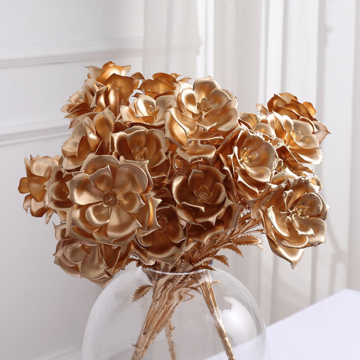 2 Pack Metallic Gold Artificial Rose Bloomed Flower Bouquet, Open Flower Floral Arrangement Holiday Decor 17"