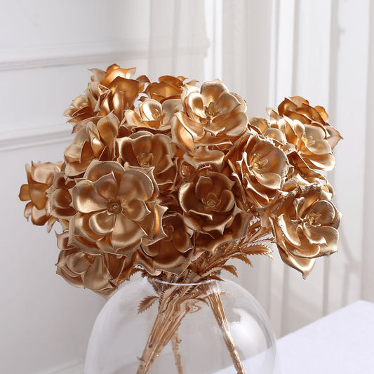 2 Pack Metallic Gold Artificial Rose Bloomed Flower Bouquet, Open Flower Floral Arrangement Holiday Decor 17"