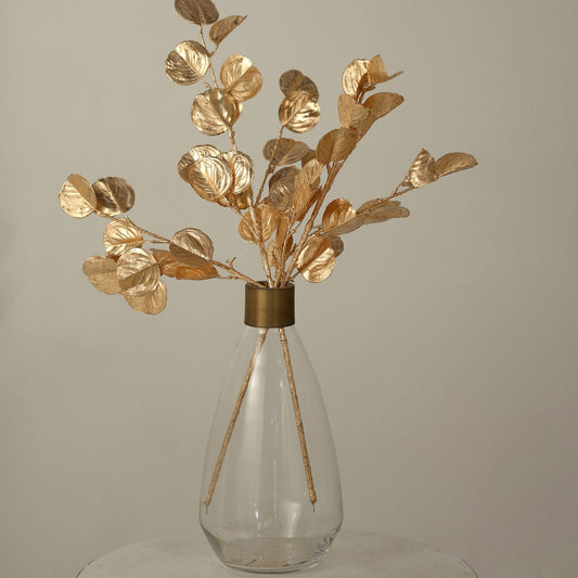 2 Pack Metallic Gold Artificial Round Eucalyptus Leaf Branches, Faux Decorative Bouquets 27"
