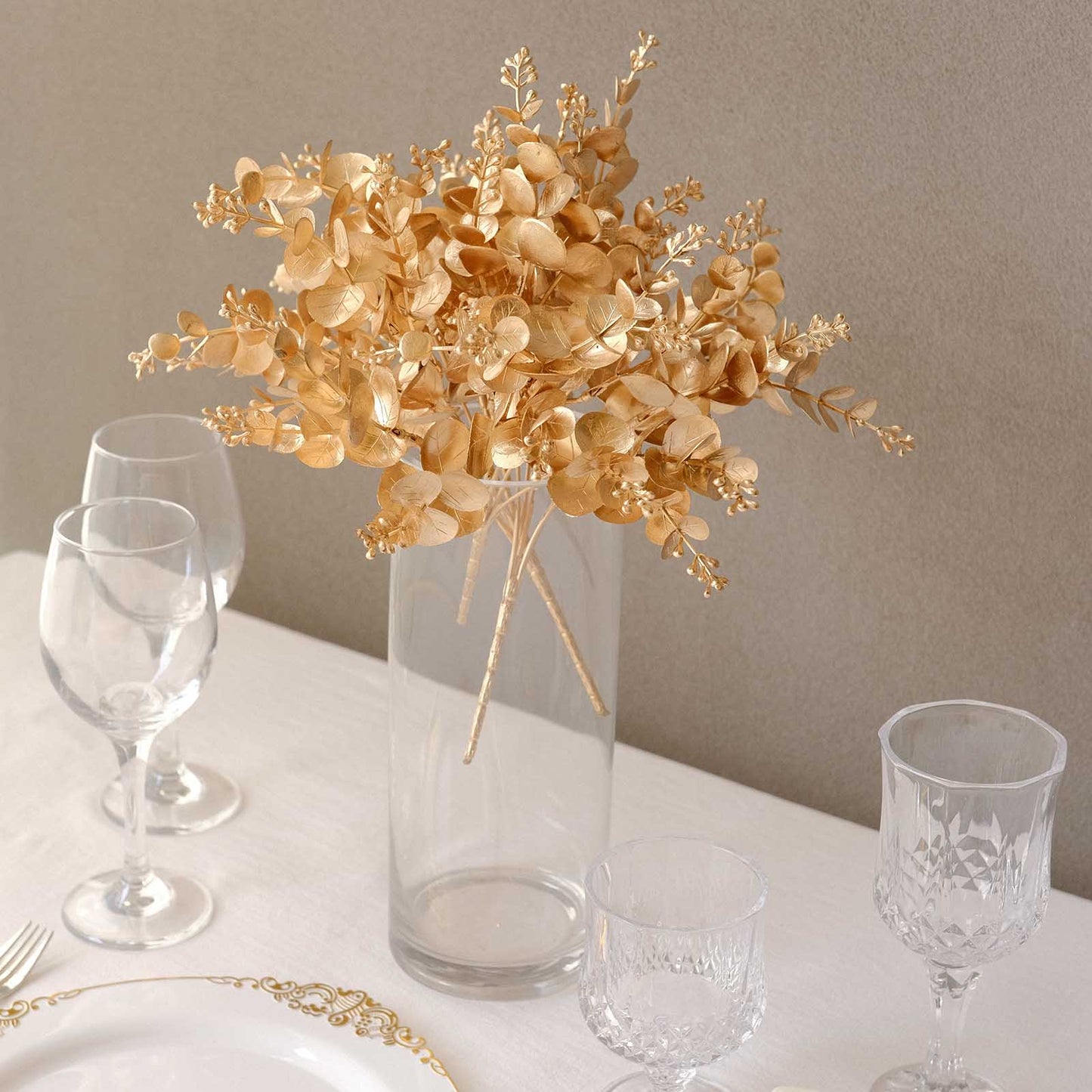4 Pack Metallic Gold Artificial Eucalyptus Leaves Bushes, Faux Spray Plant Vase Fillers Floral Decor - 12"