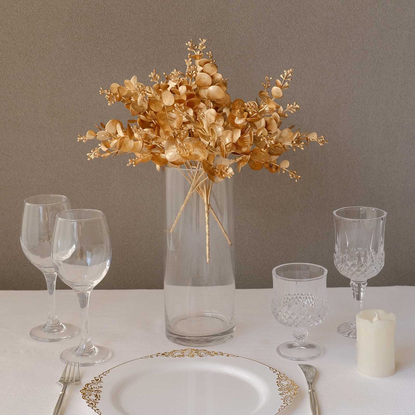 4 Pack Metallic Gold Artificial Eucalyptus Leaves Bushes, Faux Spray Plant Vase Fillers Floral Decor - 12"