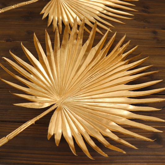 2 Pack Shiny Golden Artificial Tropical Plant Fan Palm Leaf Stems, Faux Floral Arrangements Table Centerpiece Decor 34"