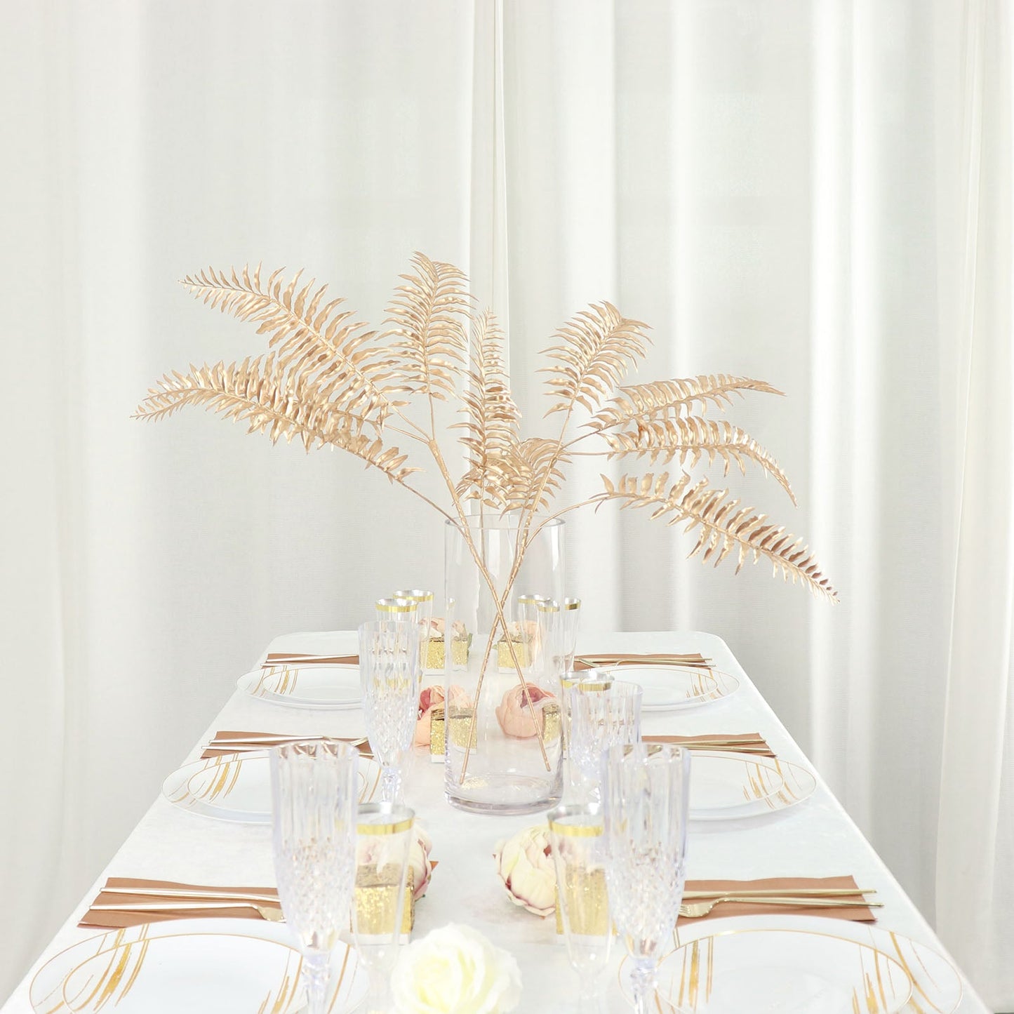2 Pack Shiny Golden Artificial Tropical Plant Fern Leaf Stems, Faux Leaves Floral Arrangements Table Centerpiece Decor 29"