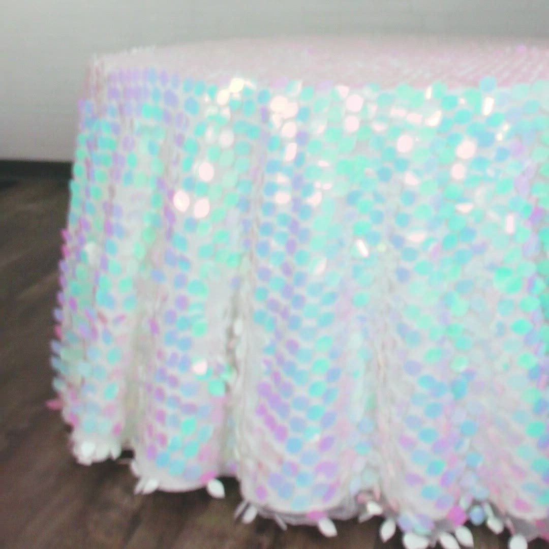 Leaf Payette Sequin Round 120" Tablecloth - Iridescent White