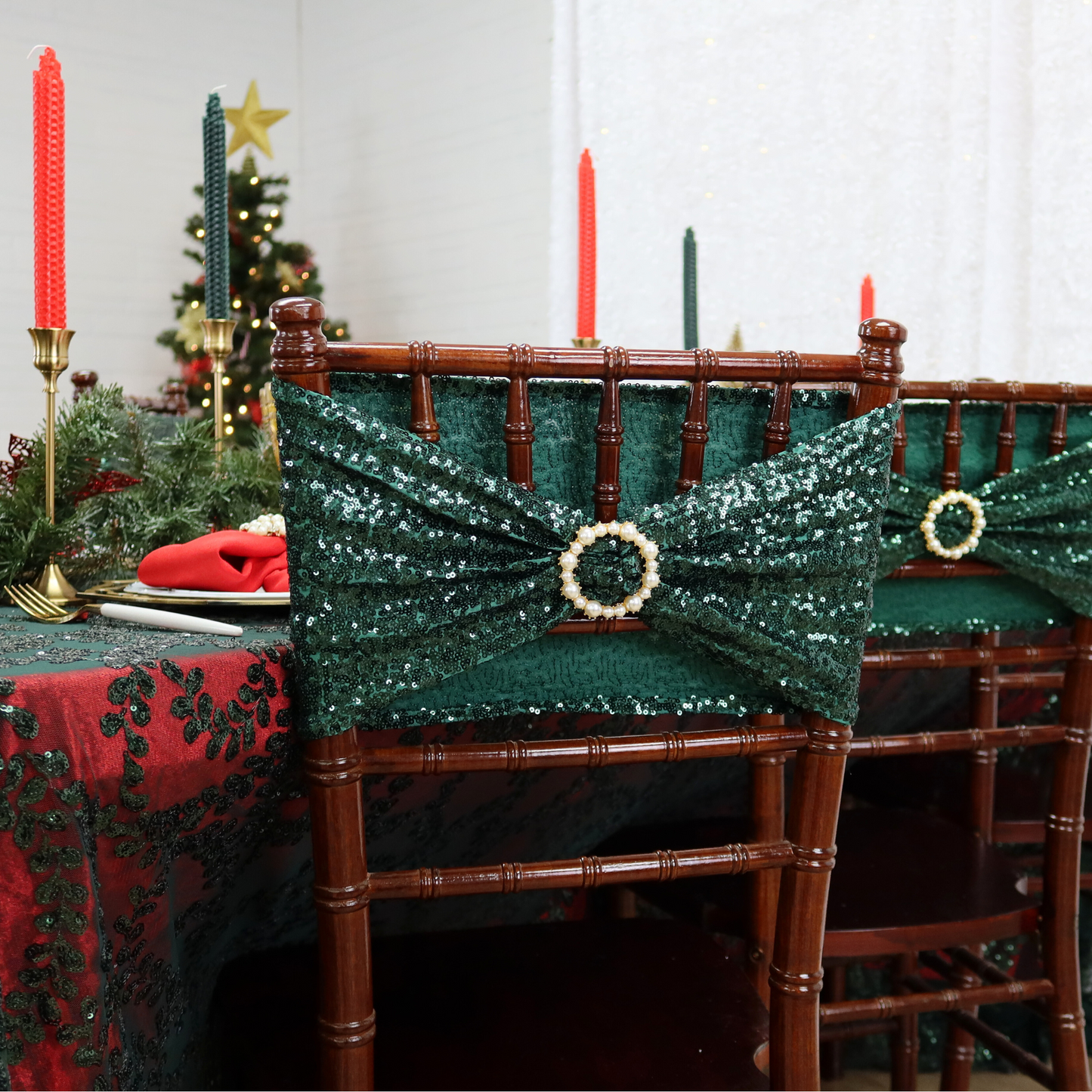 Sequin Vine Tablecloth Overlay 90"x132" Rectangle - Emerald Green