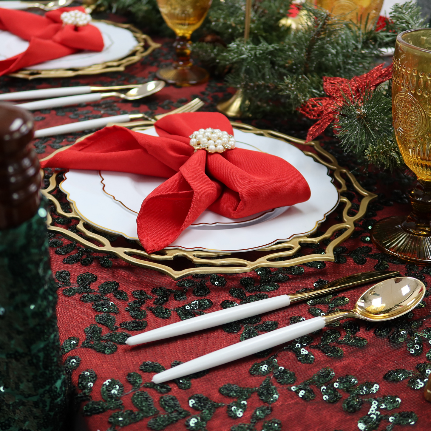Sequin Vine Tablecloth Overlay 90"x132" Rectangle - Emerald Green