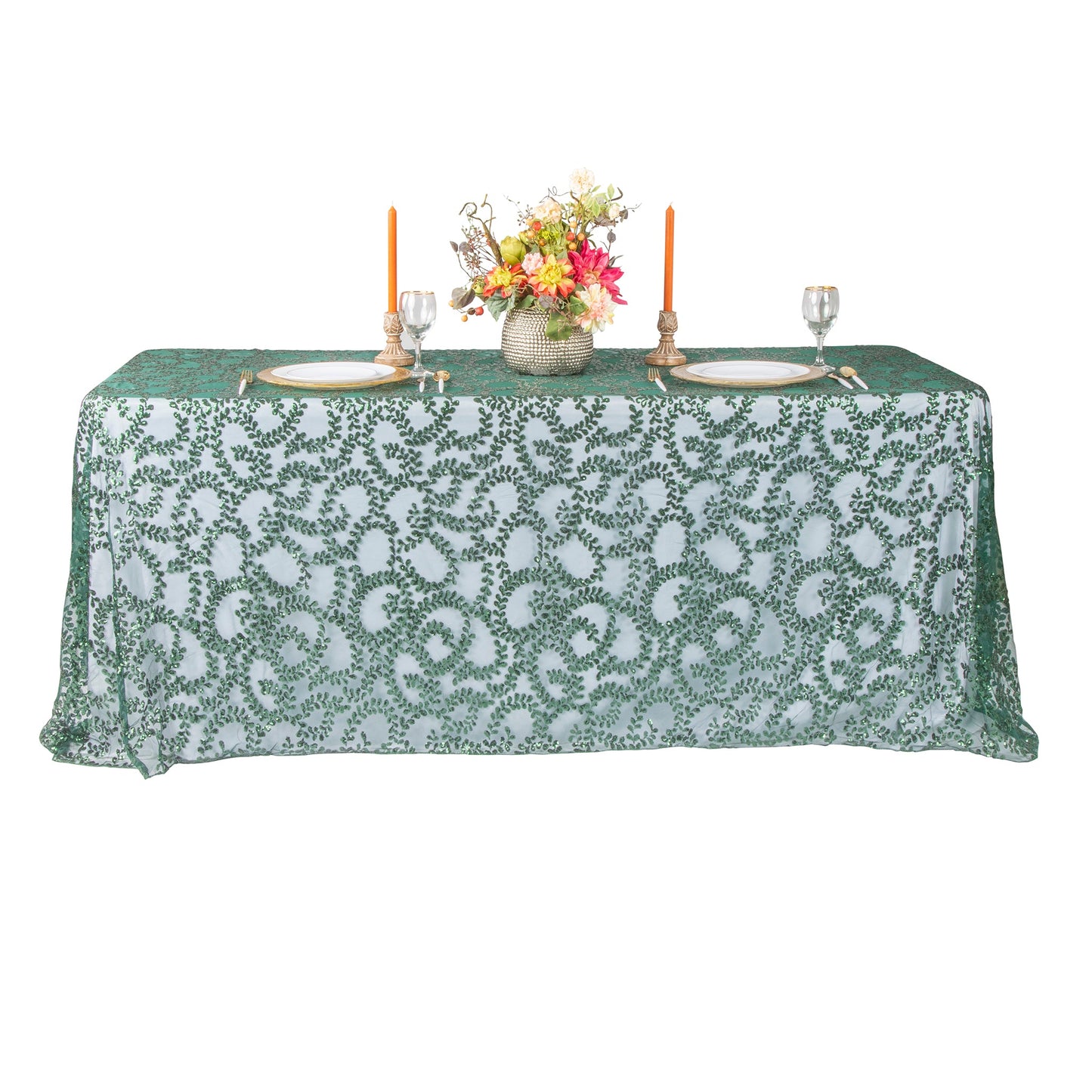 Sequin Vine Tablecloth Overlay 90"x132" Rectangle - Emerald Green