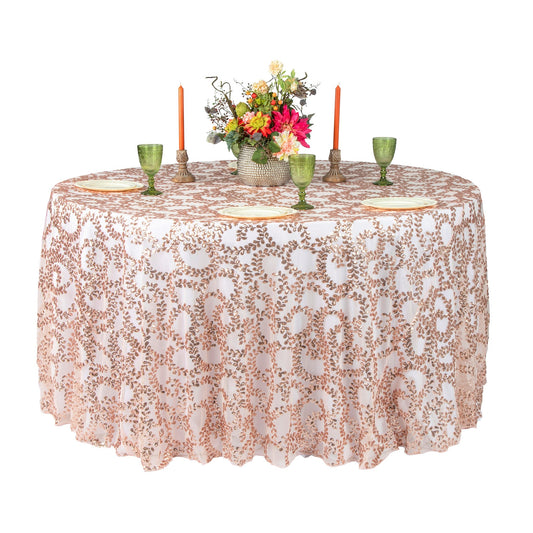 Sequin Vine Tablecloth Overlays 120" Round  - Blush/Rose Gold