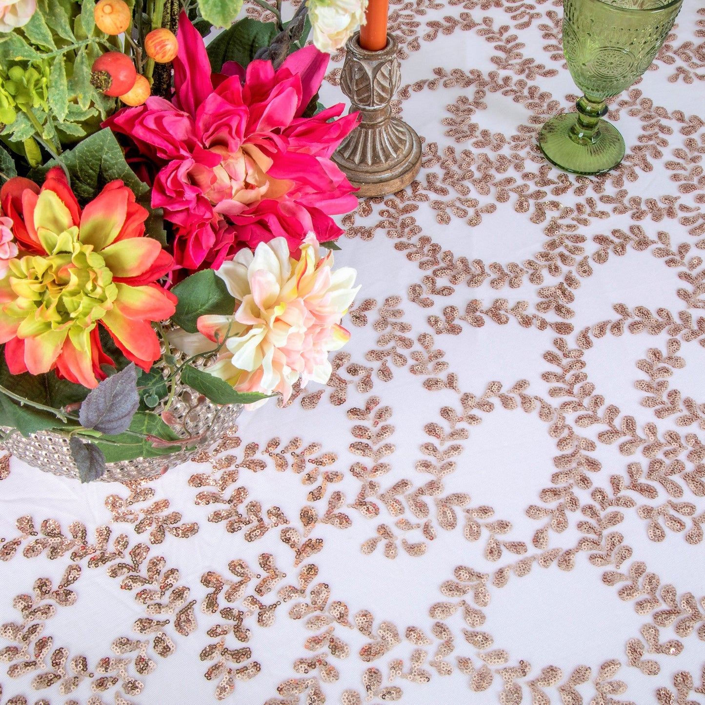 Sequin Vine Tablecloth Overlay 90"x132" Rectangle - Blush/Rose Gold