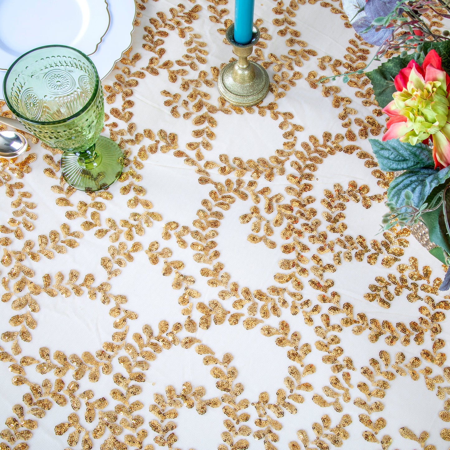 Sequin Vine Tablecloth Overlay 90"x156" Rectangle - Gold