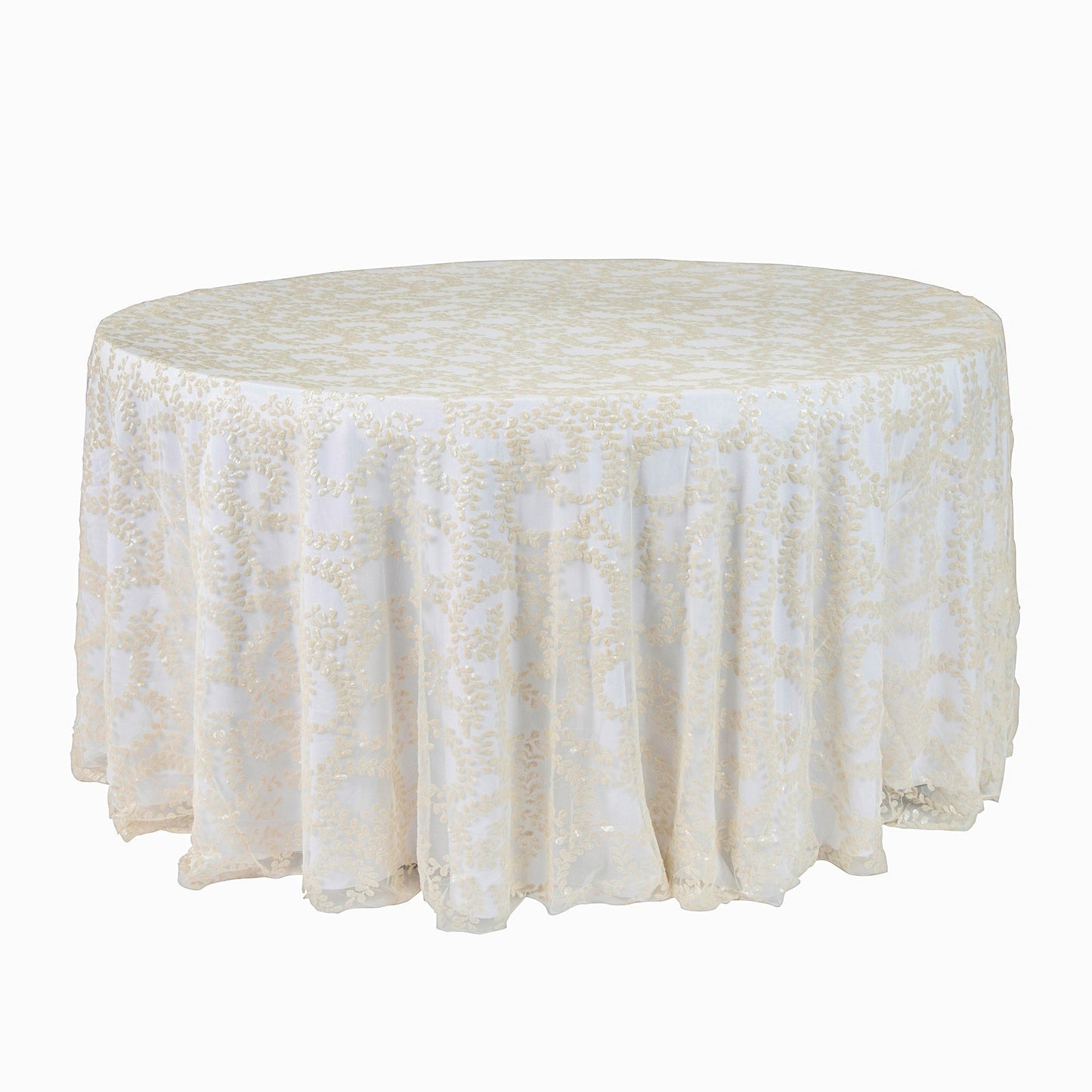 Sequin Vine Tablecloth Overlay 120" Round - Light Ivory/Off White