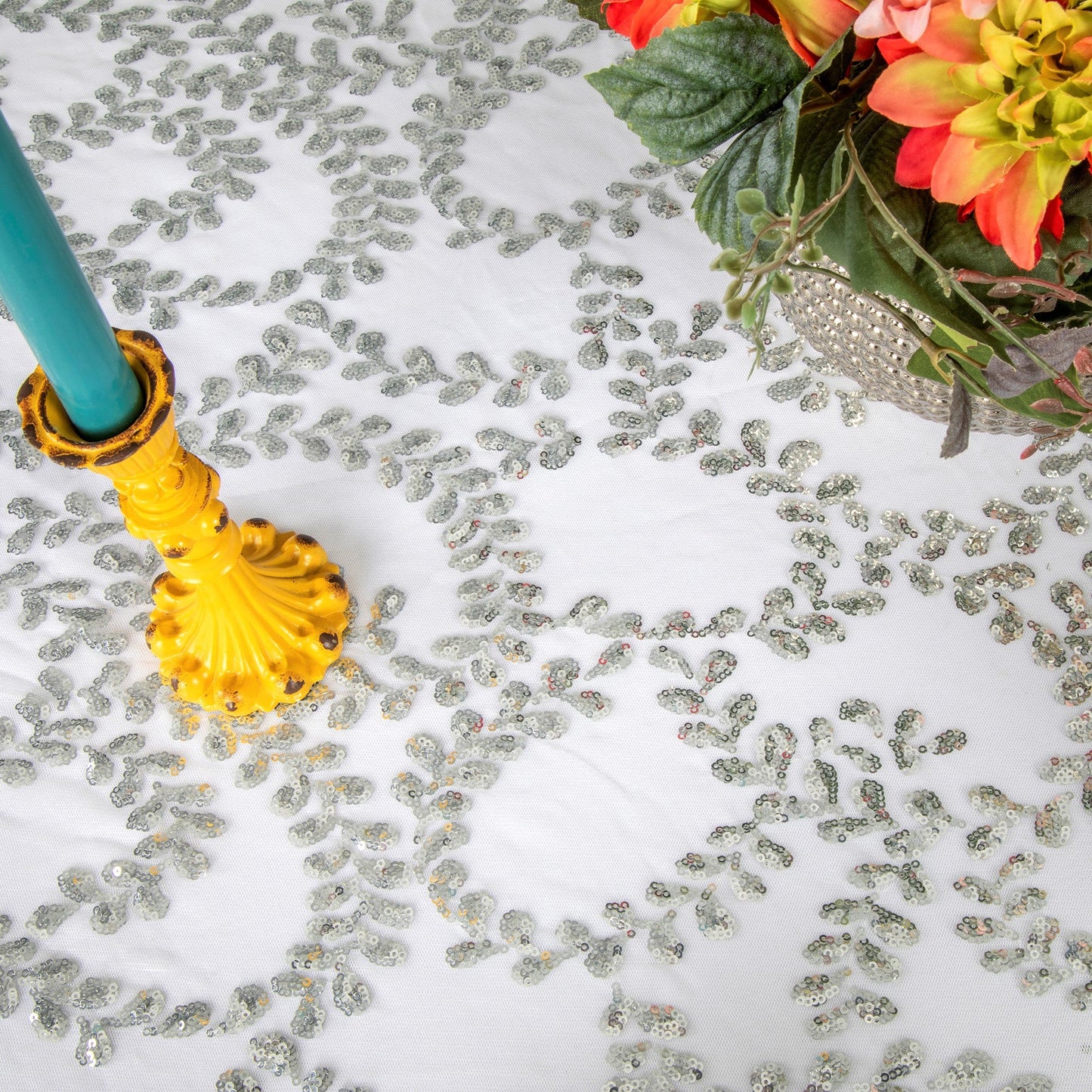 Sequin Vine Tablecloth Overlay 90"x132" Rectangle - Silver
