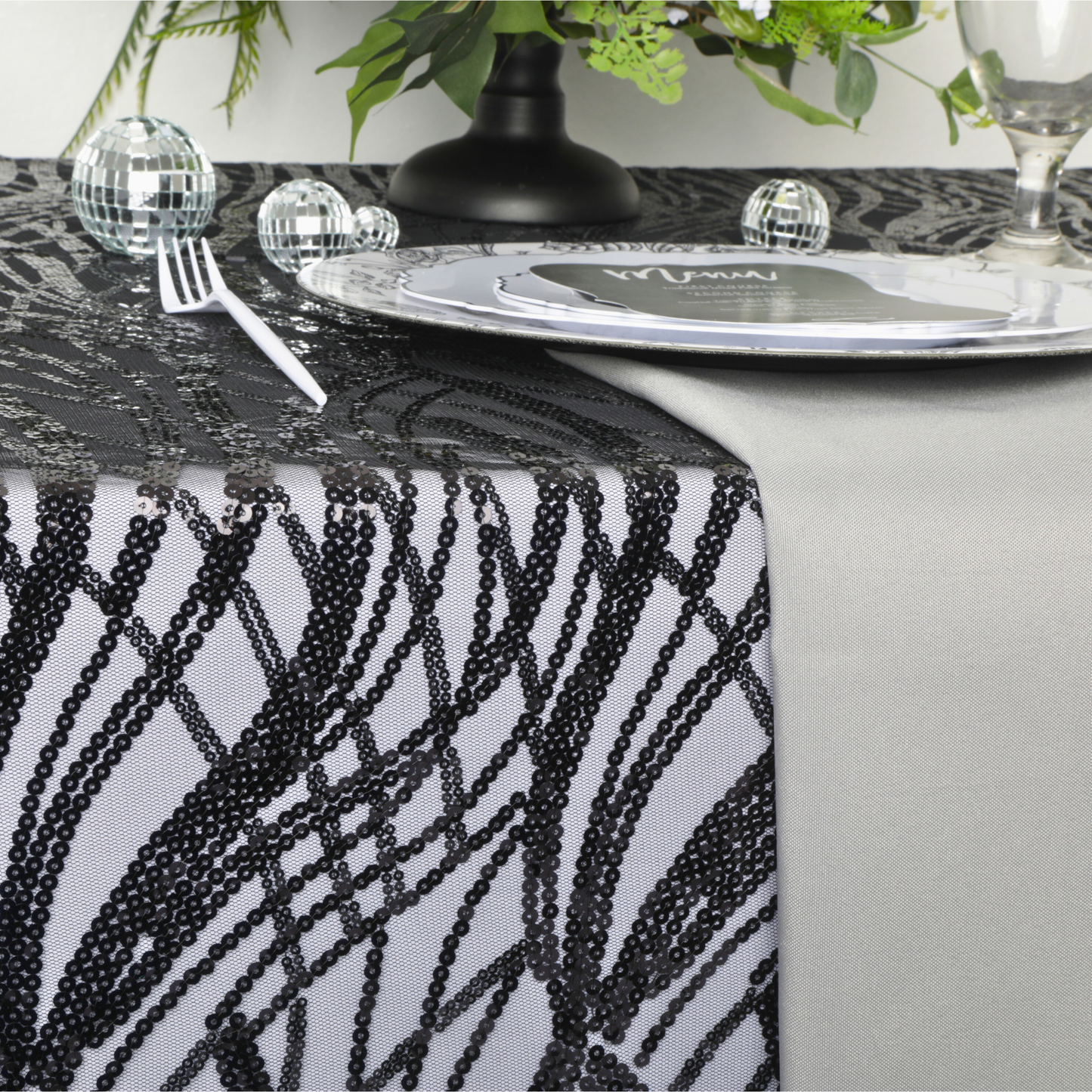 Wave Sequin Mesh Tablecloth 90"x132" Rectangular - Black