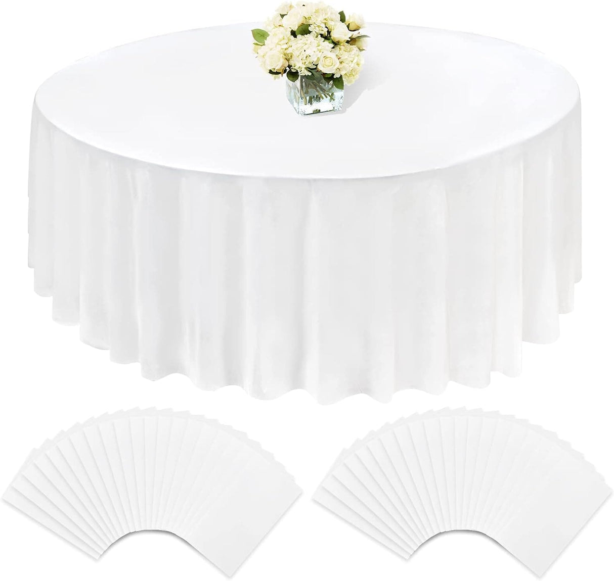 15/24/48 Pack Round Tablecloth 60/84/96 inch White Plastic Table Cloth for Round Tables, PEVA Water Resistant Disposable Tablecloth for Wedding, Parties, Holiday Dinner, Buffet, Baby Shower